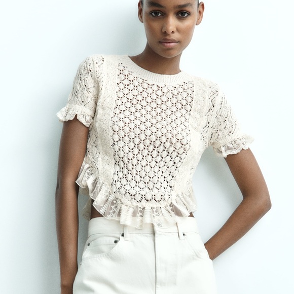 Zara lace crochet sweater top blouse ruffled bohemian - Picture 2 of 9